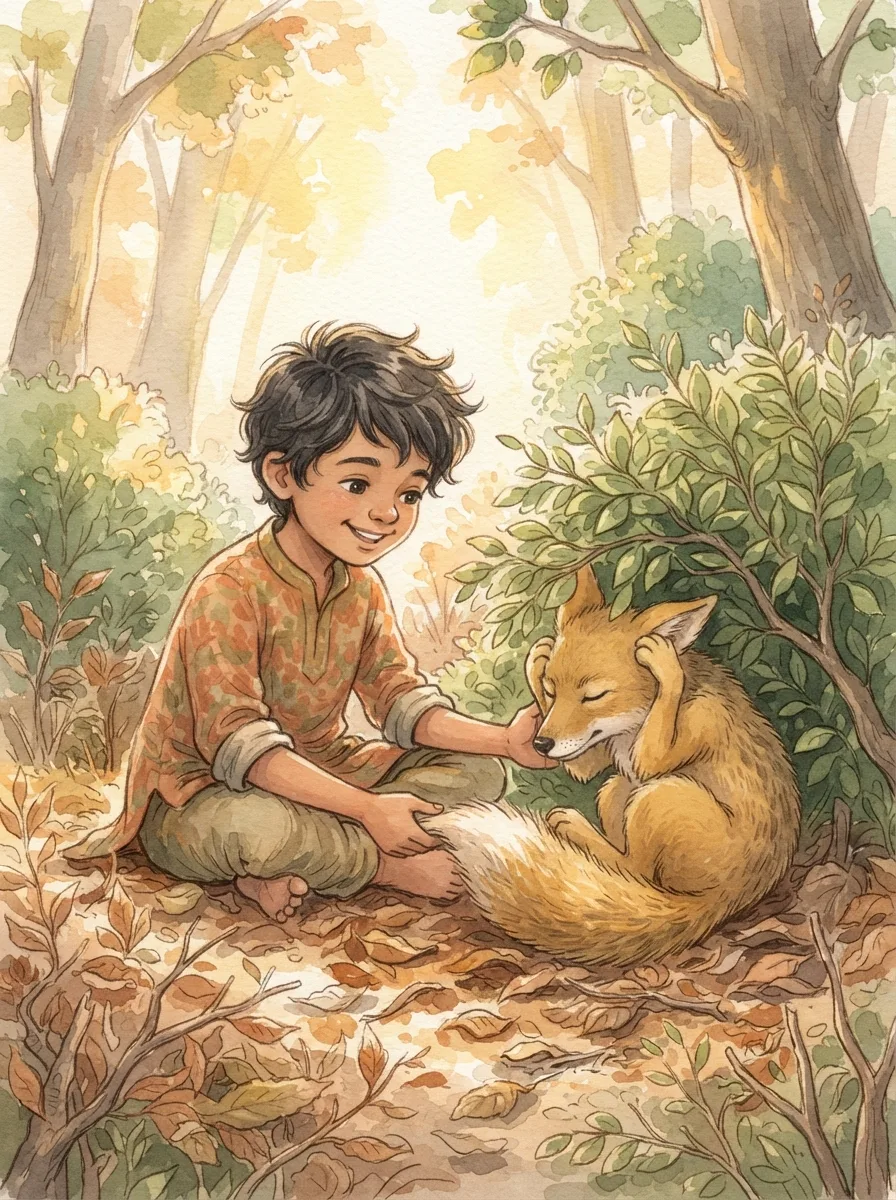 The Jackal and the Drum: A jackal curled up under a bush with paws over his ears