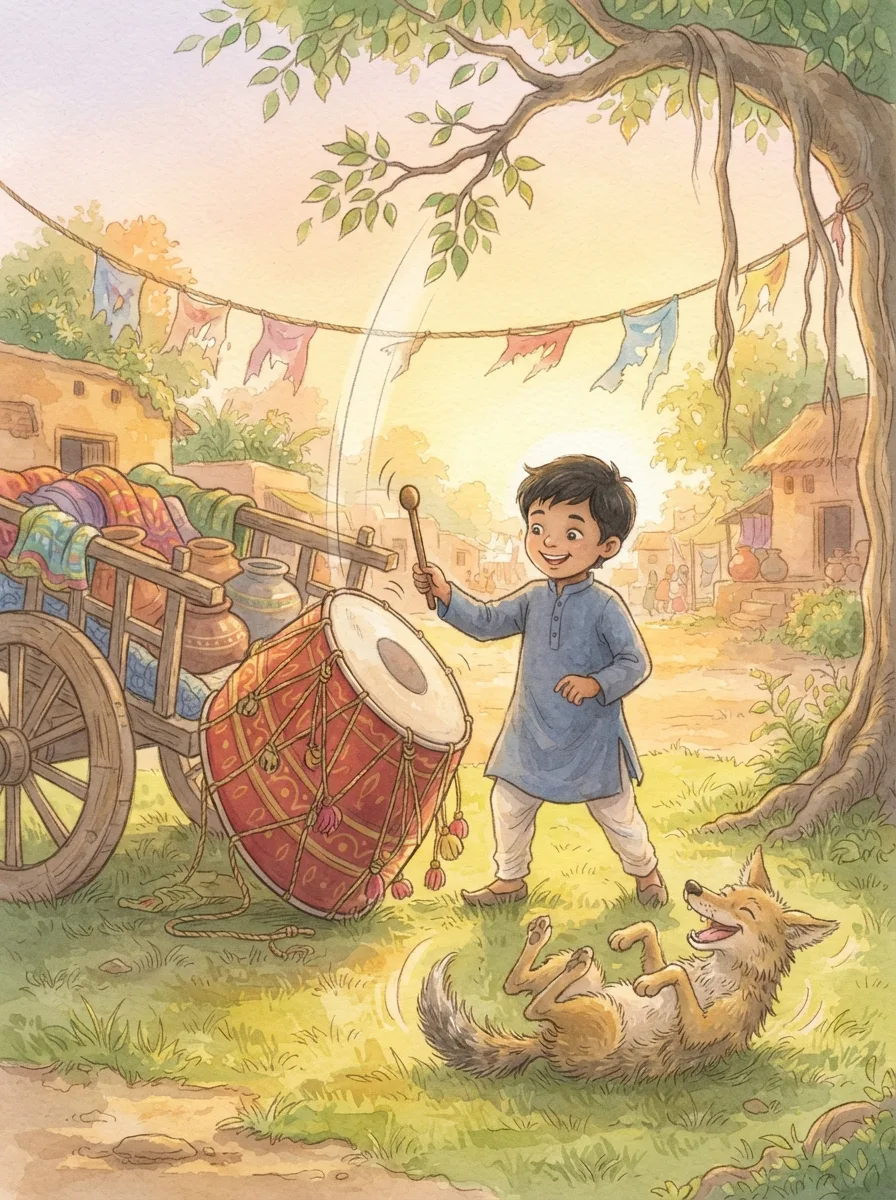 The Jackal and the Drum: A big red and gold dhol leaning against a wooden cart