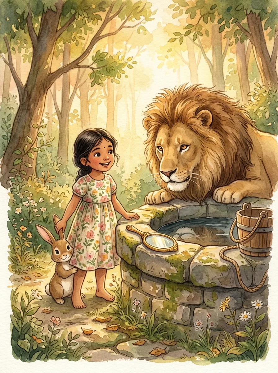 The Lion and the Clever Rabbit: An old stone well in a forest clearing