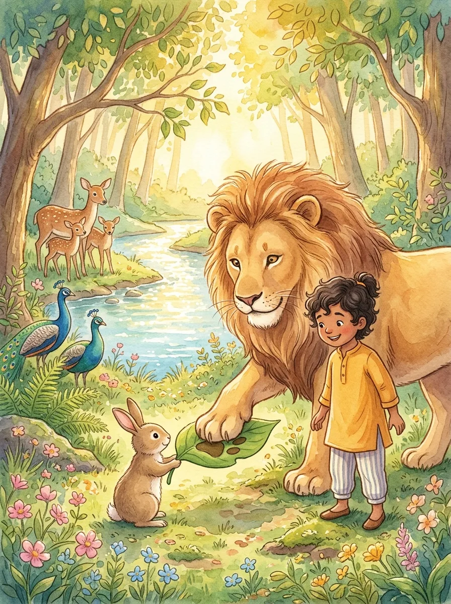 The Lion and the Clever Rabbit: A lion pressing a paw print onto a big leaf