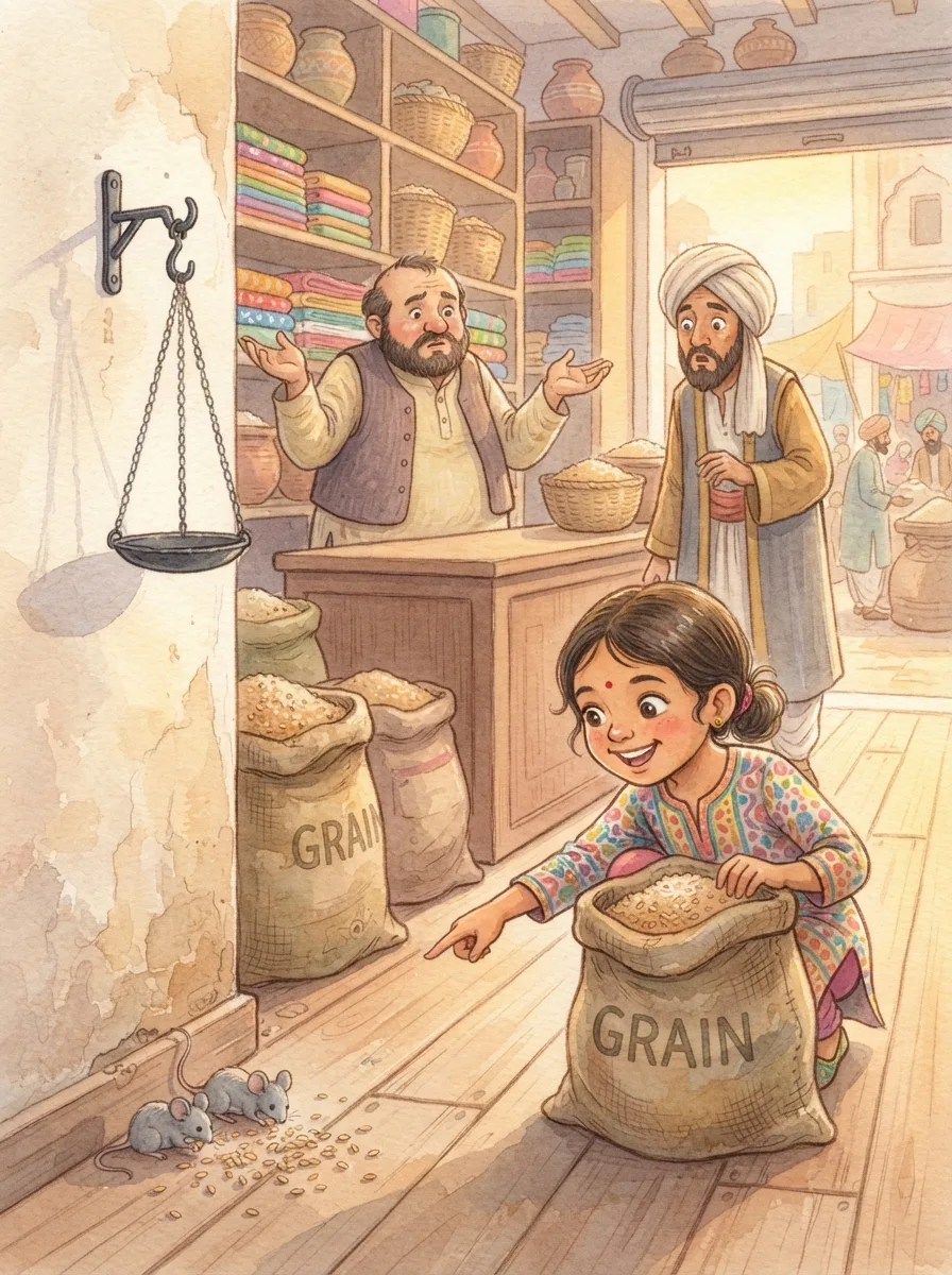 The Mice That Ate Iron: A shop with sacks of grain and a plump shopkeeper shrugging