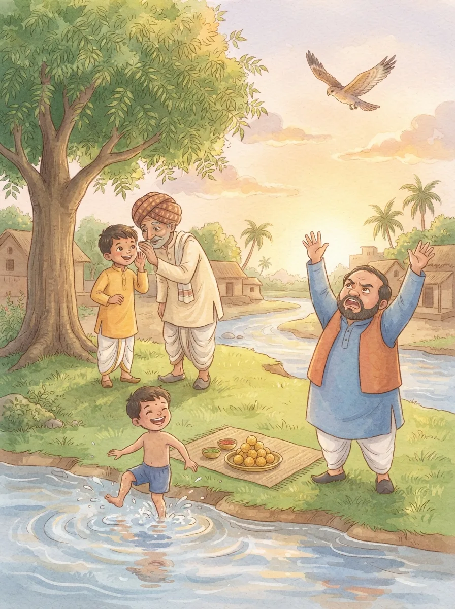 The Mice That Ate Iron: A merchant and a child whispering under a neem tree