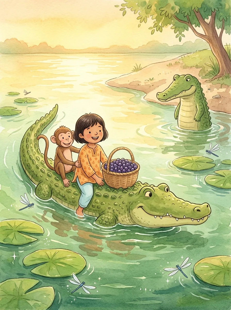 The Monkey and the Crocodile: A crocodile swimming with a monkey and a child on its back
