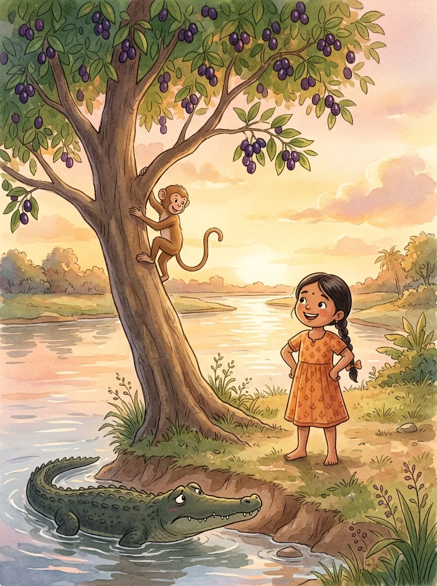 The Monkey and the Crocodile: A monkey climbing quickly into a jamun tree