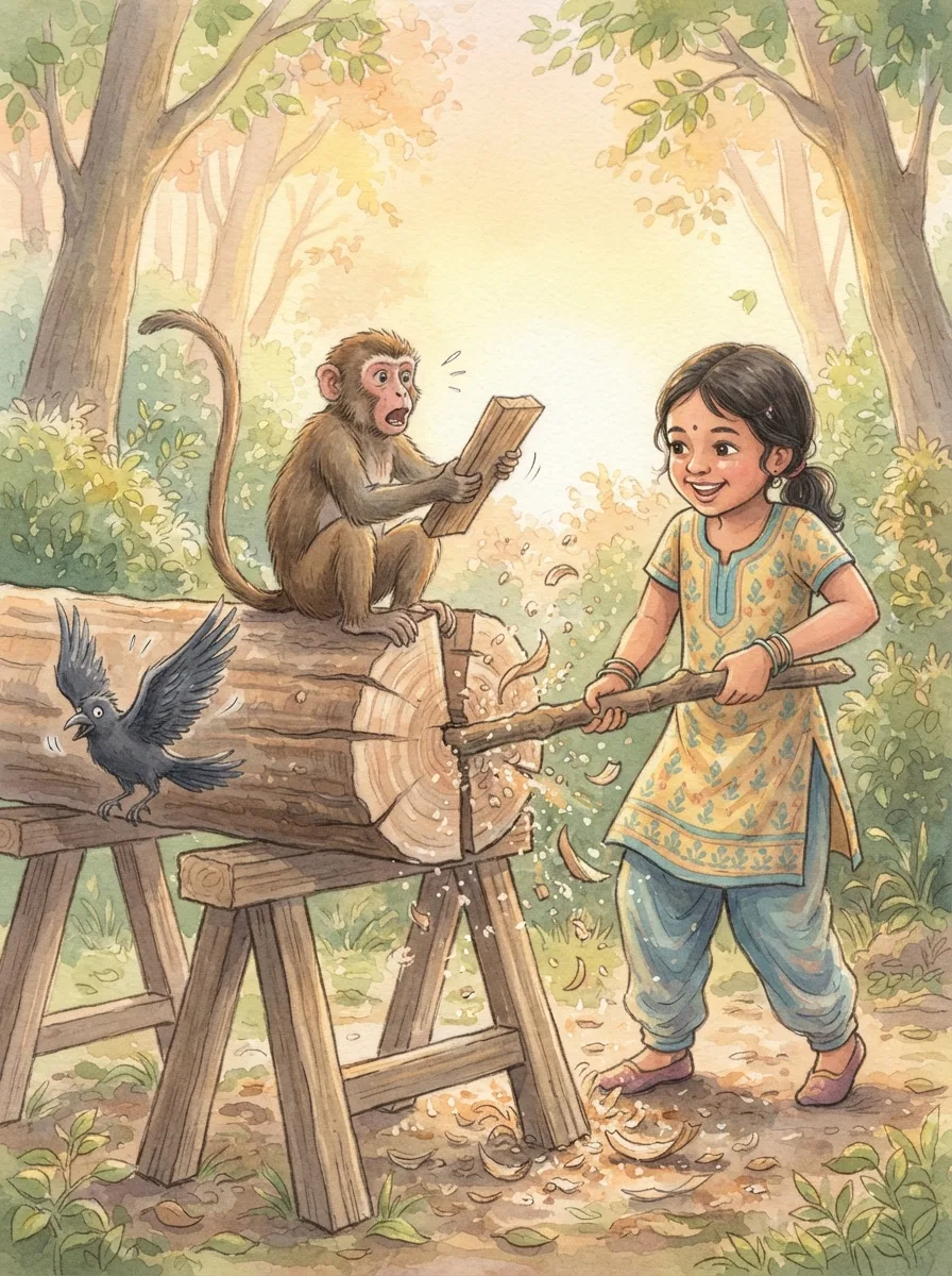 The Monkey and the Wedge: A monkey on top of a log holding a loose wedge in both hands