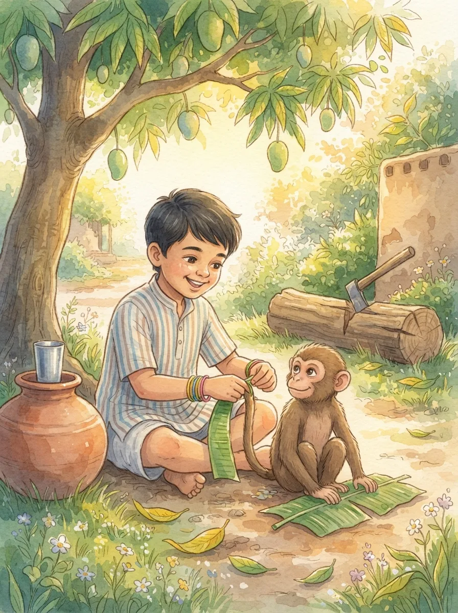 The Monkey and the Wedge: A monkey sitting under a mango tree holding his tail