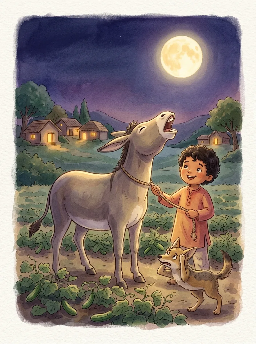 The Musical Donkey: A donkey braying at a huge full moon