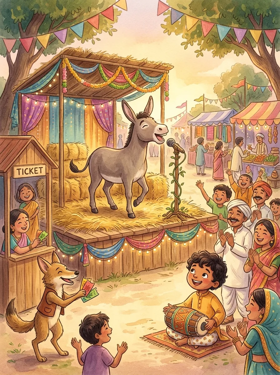 The Musical Donkey: A village harvest fair with bunting and stalls
