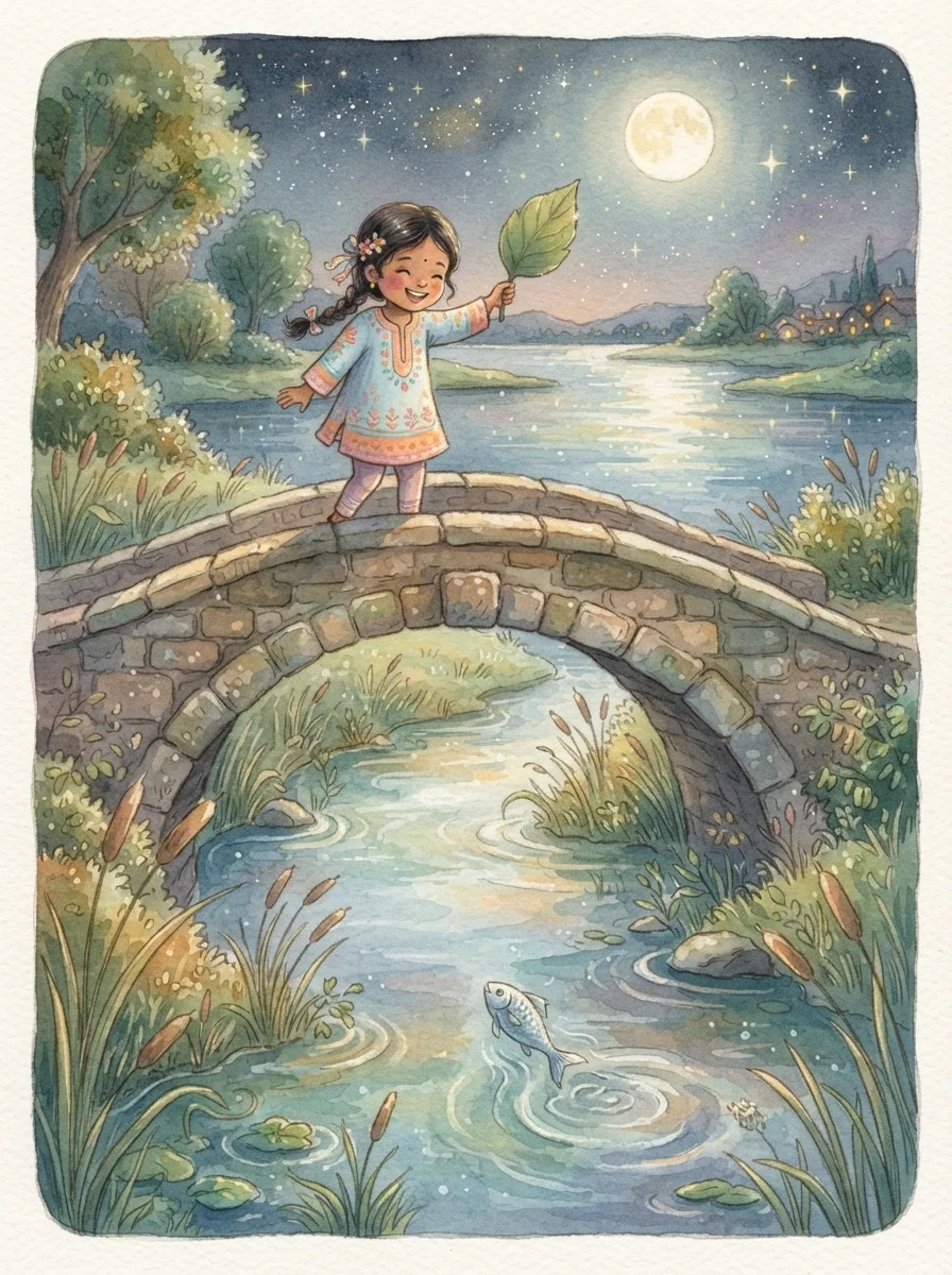 The Three Fishes: A small silver fish swimming through a narrow stream under a stone bridge