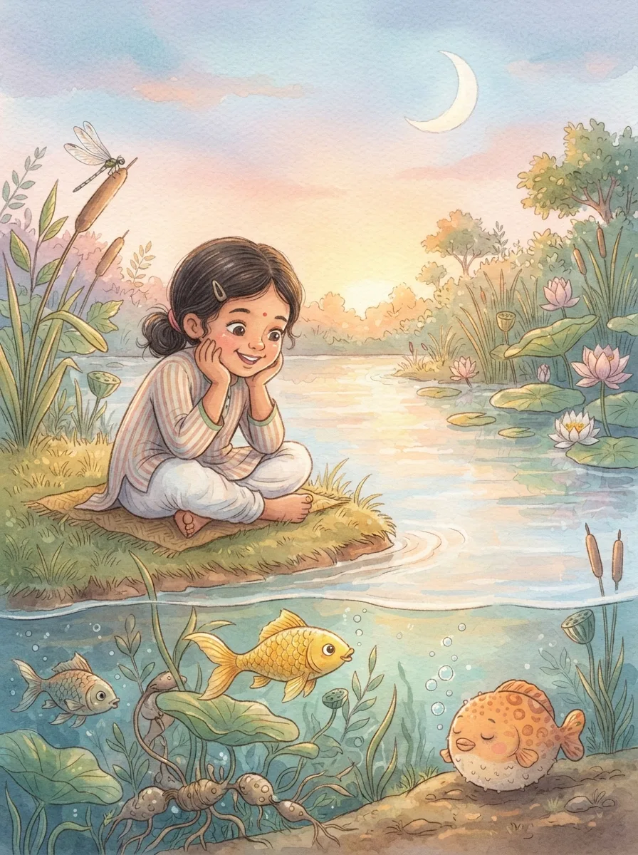 The Three Fishes: A golden fish swimming alert near lotus roots