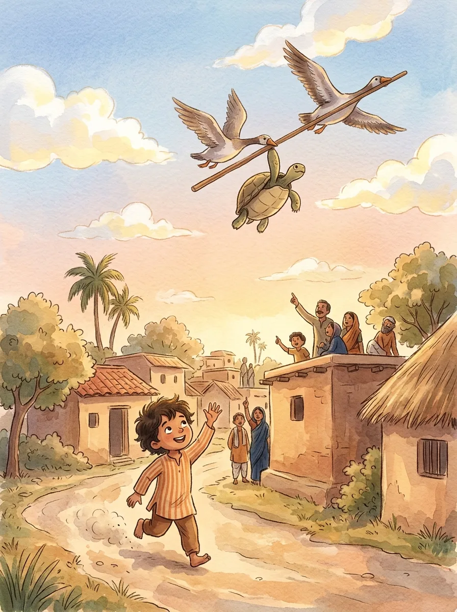The Tortoise and the Geese: Two geese flying with a stick and a tortoise hanging from it