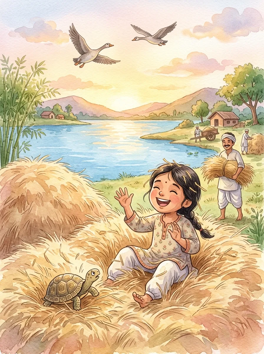 The Tortoise and the Geese: A tortoise landing in a big pile of hay
