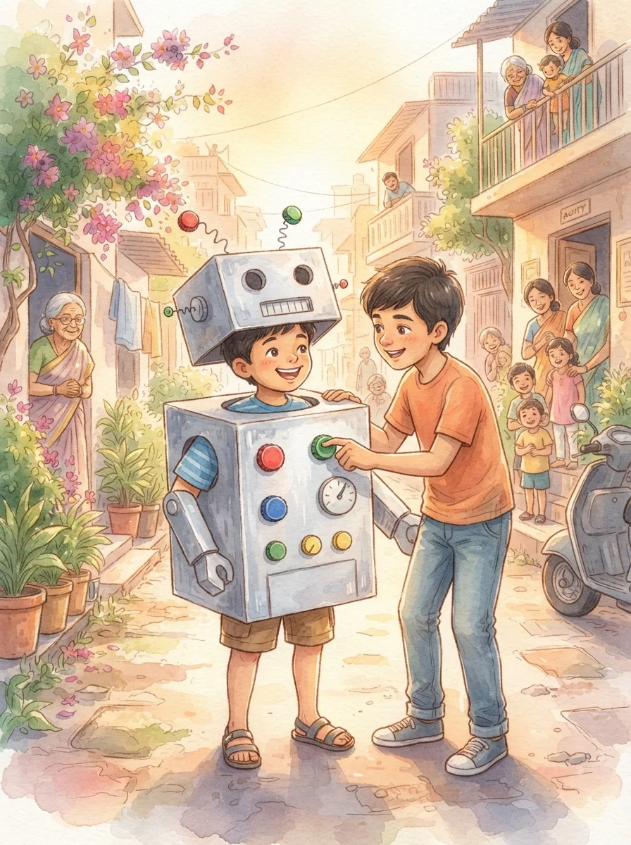 Coding & Robots: A big silver-painted cardboard box with arm holes and a smaller box head