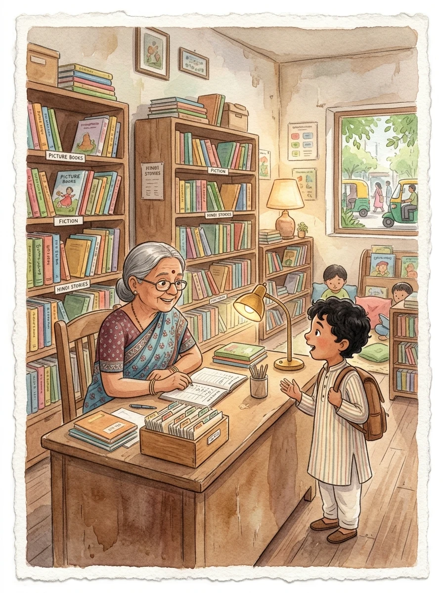 English: A small school library with wooden shelves