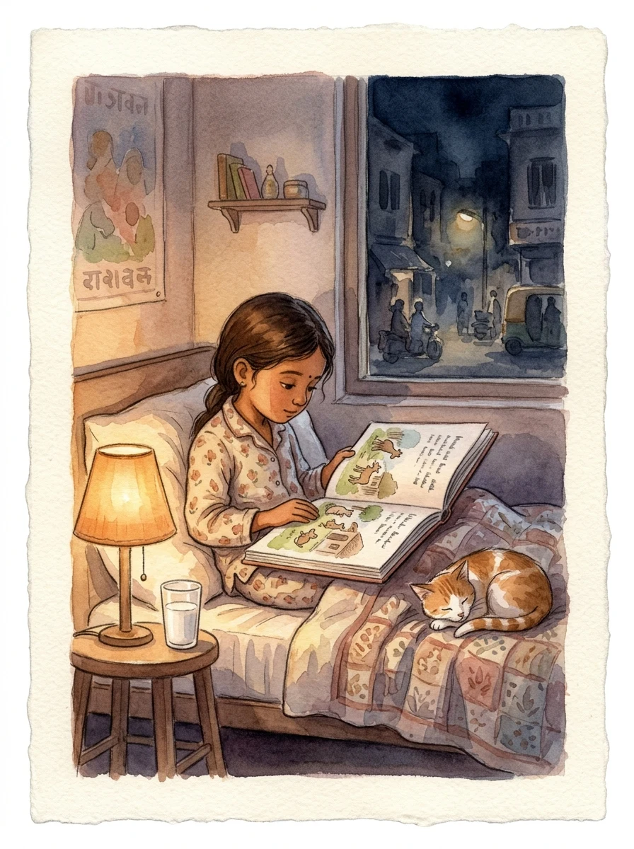 English: A child reading alone on a bed by lamplight