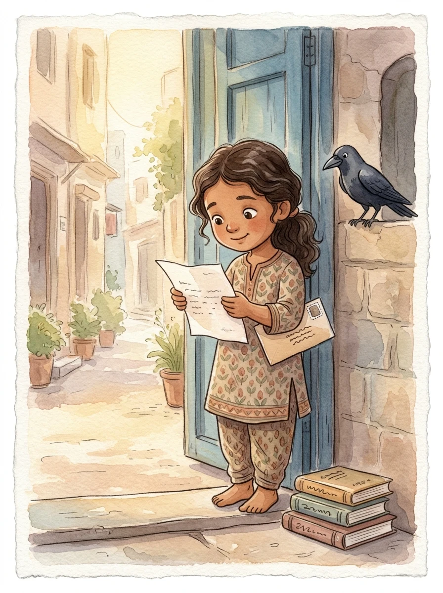General Knowledge: A child holding an opened letter at a doorway