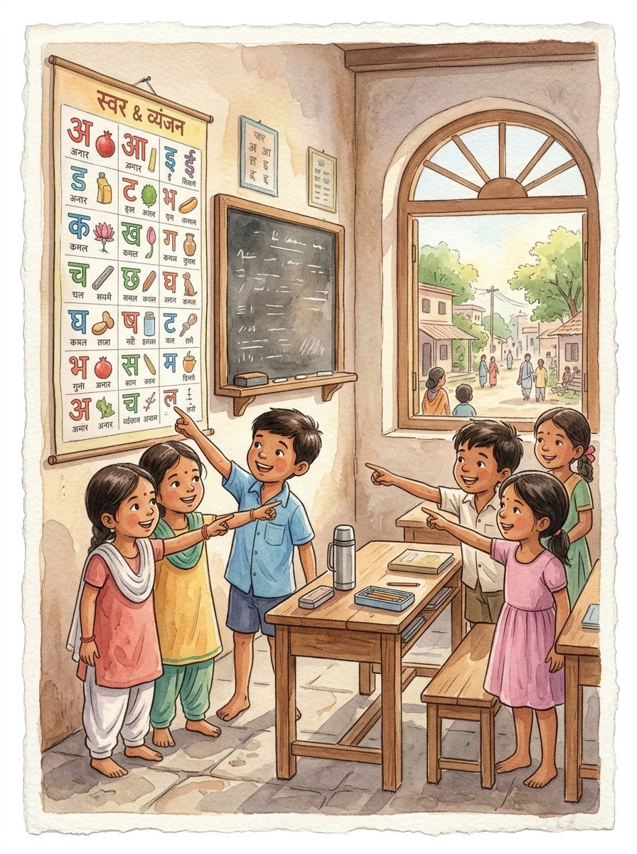 Hindi: A classroom with a Hindi varnamala chart on the wall