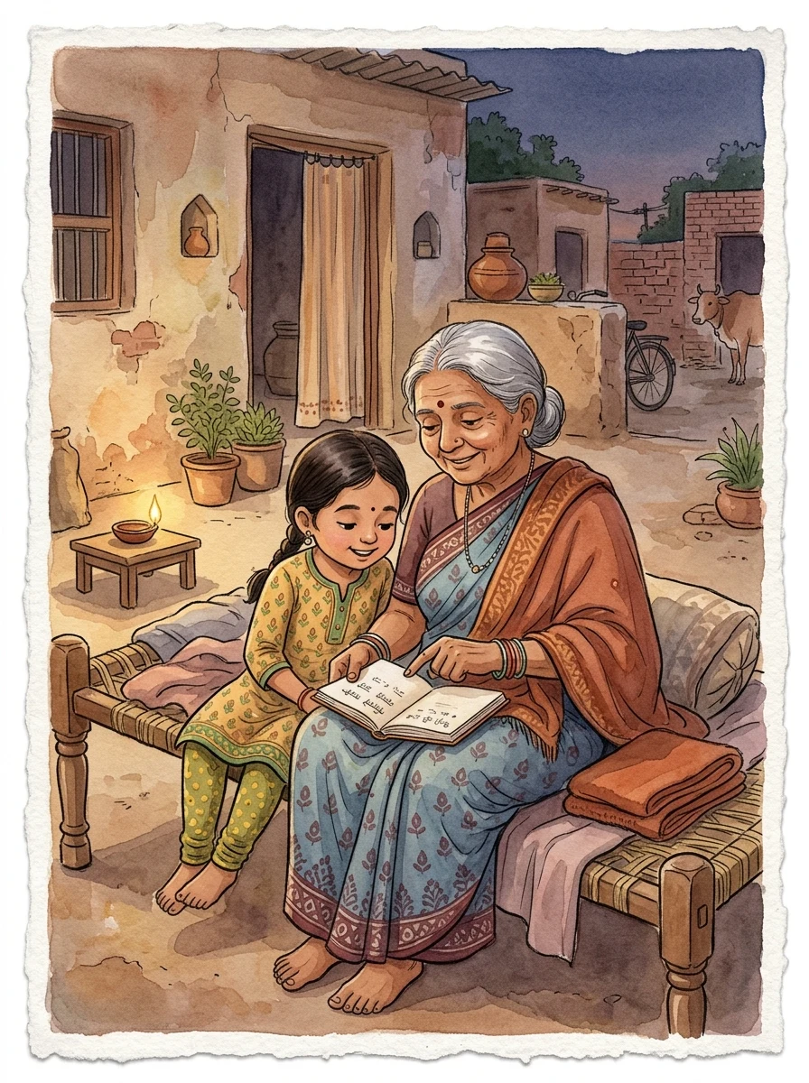 Hindi: A grandmother and child sitting on a charpai