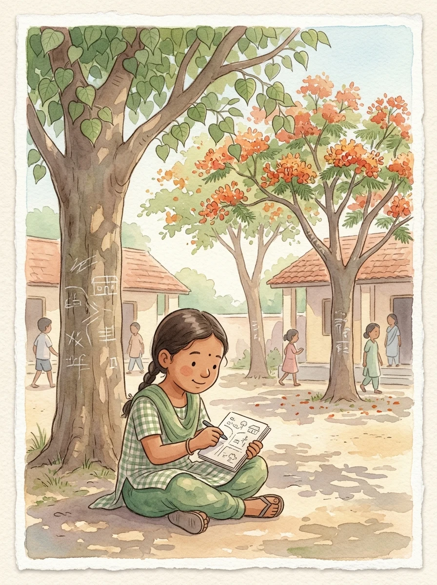 Nature & Environment: A school compound with chalk marks on tree trunks