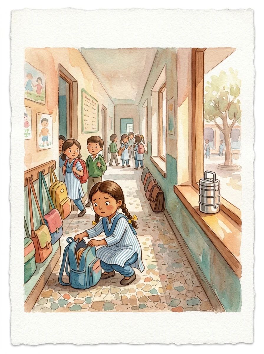 School Life: A school corridor with a row of bags on hooks