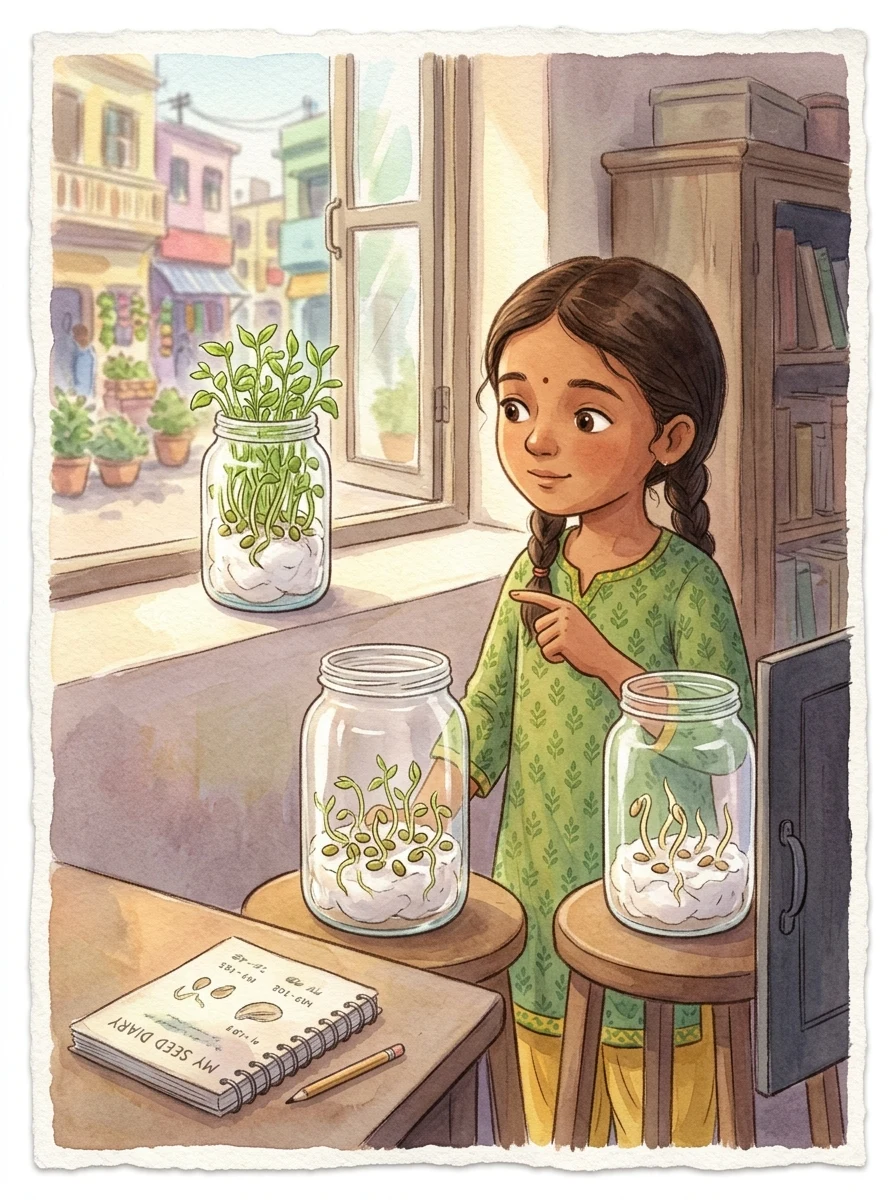 Science: Two glass jars with wet cotton and sprouting moong seeds