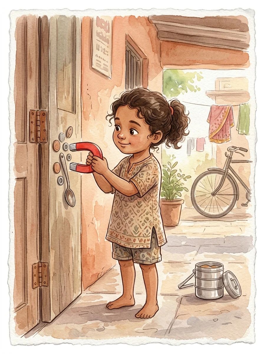 Science: A child holding a red horseshoe magnet to a steel door hinge