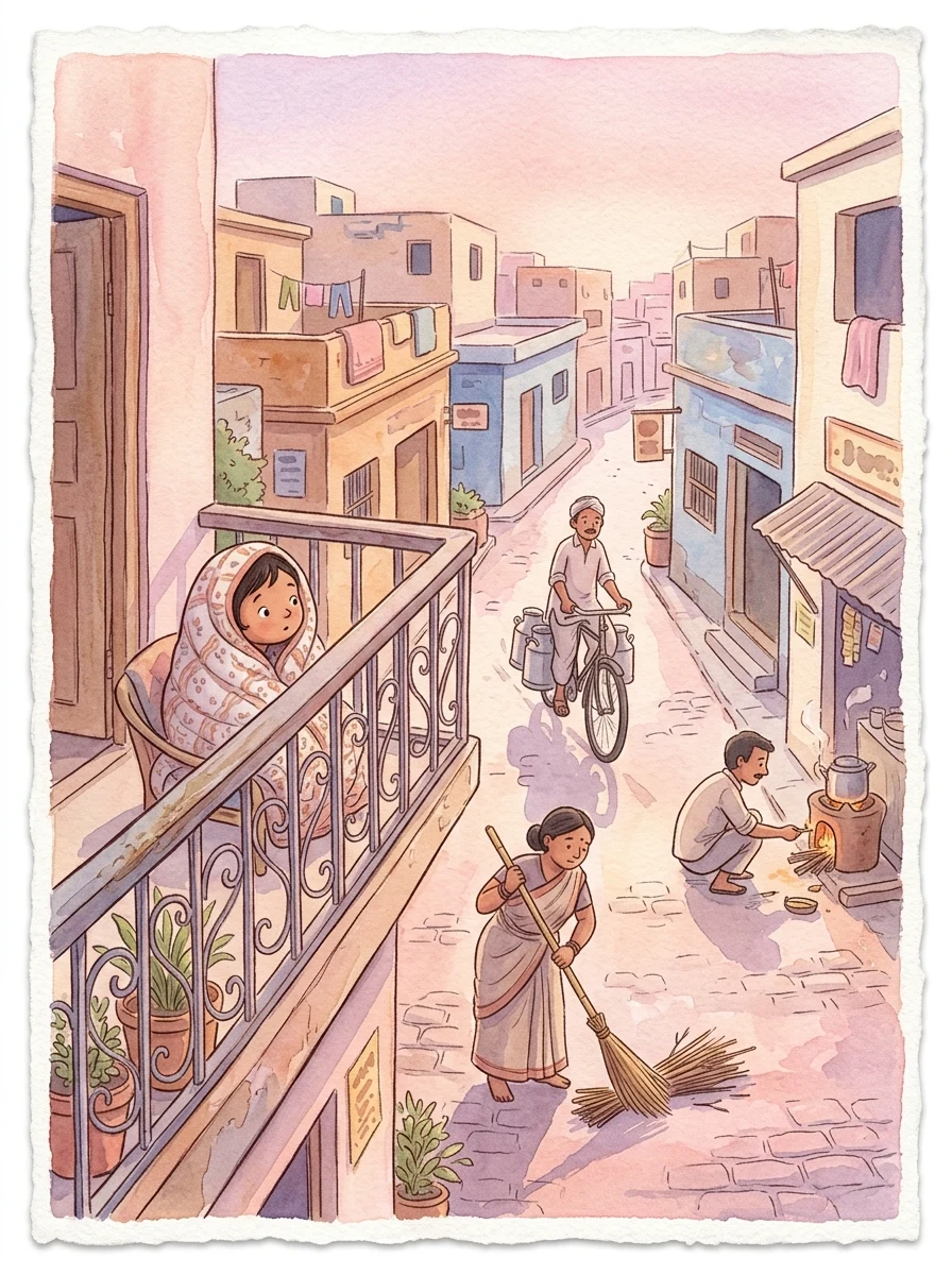 Social Studies: A balcony view of a town at dawn