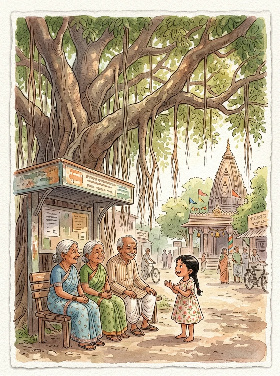 Social Studies: An enormous old banyan tree with hanging roots by a bus stop