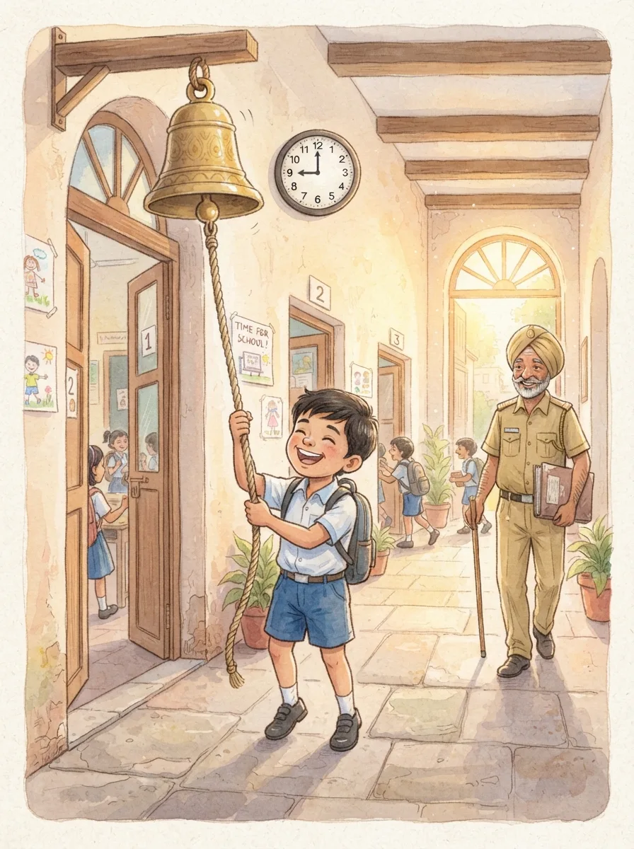 Telling Time: A school corridor with a big brass bell hanging from a beam