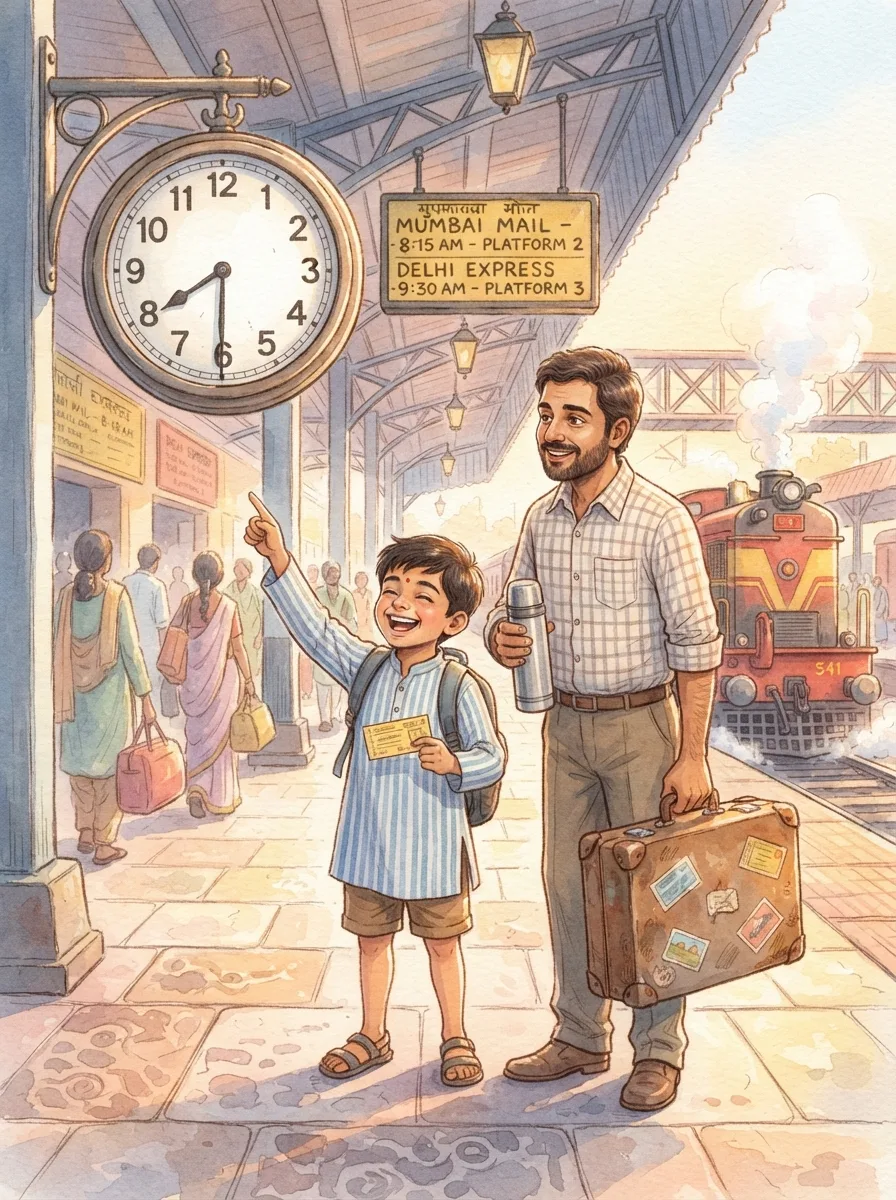Telling Time: A railway platform with a large round clock